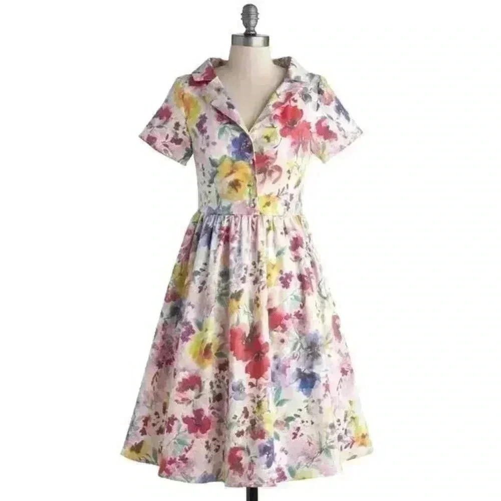 Myrtlewood of California Floral Fit Flare Dress Retro Colorful Cottagecore
